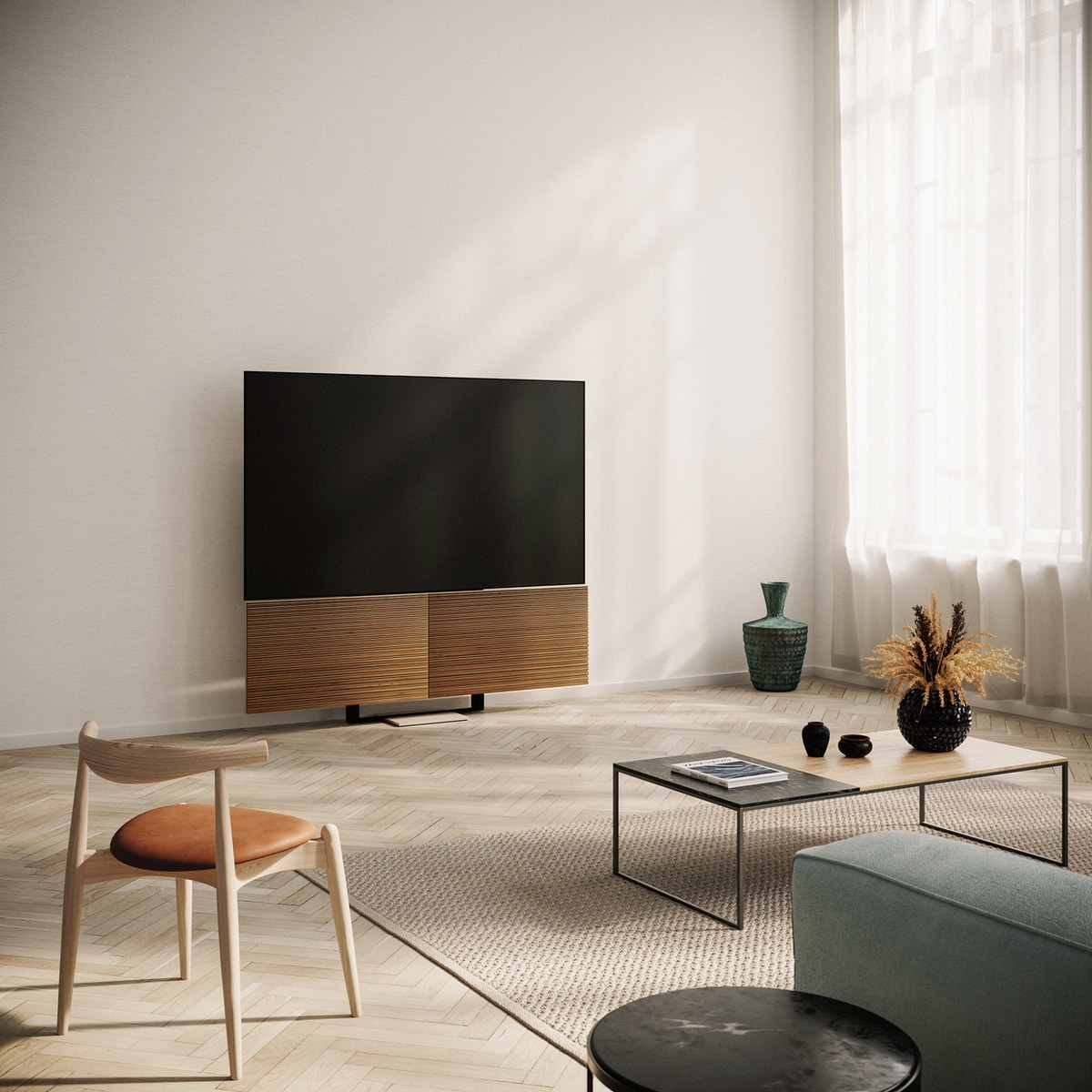 Foto van Lasse Jensen black flat screen tv on brown wooden tv rack